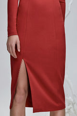 long sleeve midi dress with a high rounded neckline Red Front View