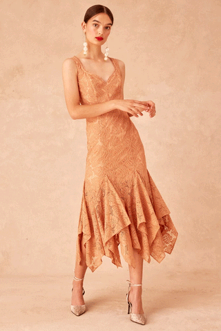 Keepsake Lonely Lace Midi Dress Fawn