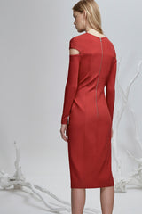 long sleeve midi dress with a high rounded neckline red back View
