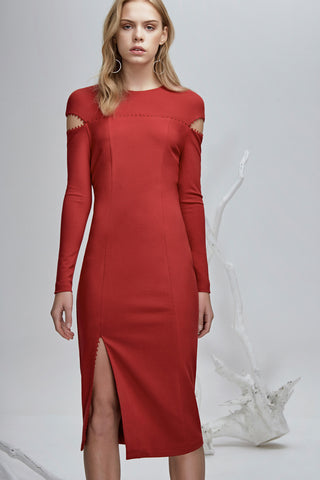 long sleeve midi dress with a high rounded neckline Red Front View