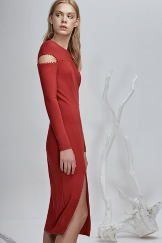 long sleeve midi dress with a high rounded neckline red Side View